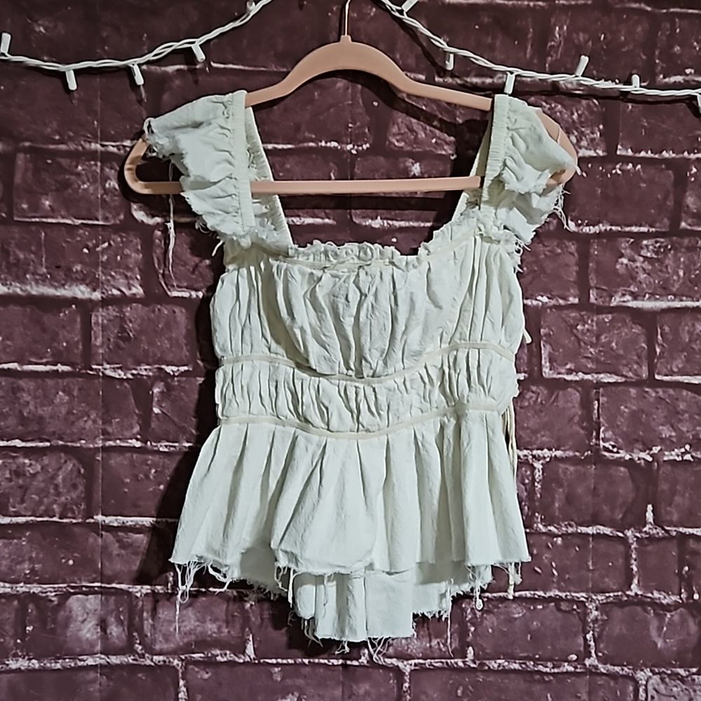 Free People 100% Cotton White Hi-Lo Rouched Bodice 3 Side Ties Crop Top